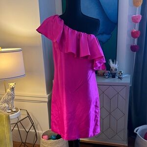 Pearl by Georgina Chapman Hot Pink One-Shoulder Ruffle Dress